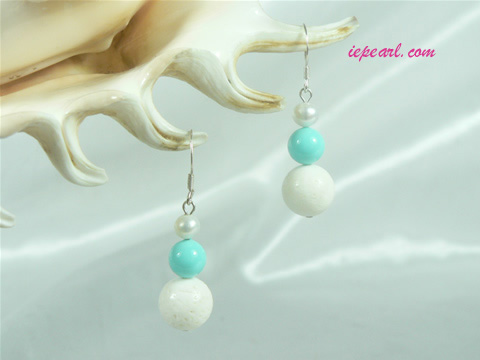 pretty gourd shaped coral sterling siver dangling earrings