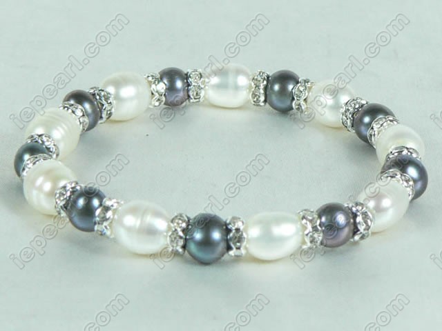 wholesale white 8-9mm cultured pearl bracelet with black pearls