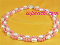 8-9mm rice freshwater pearl neckalce with pink coral wohlesale