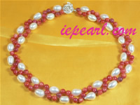 8-9mm rice cultured pearl necklace with red coral beads