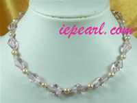 6-7mm round cultured pearl necklace with pink crystal beads