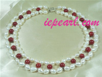 7-8mm rice shape cultured pearl necklace with red coral