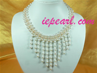 triple rice shape cultured pearl necklace with crystal beads