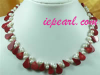 5-6mm white blister pearl with red coral necklace
