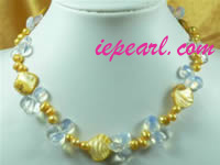 6-7mm golden yellow pearl necklace with faceted crystal and shel