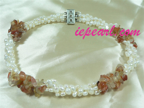 triple rows twisted pearl necklace with crystal beads