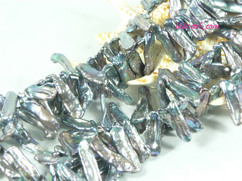 peacock green 7x20mm top drilled Biwa freshwater pearl strand