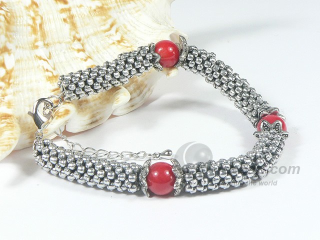 10mm red coral beads, silver fittings bracelet wholesale