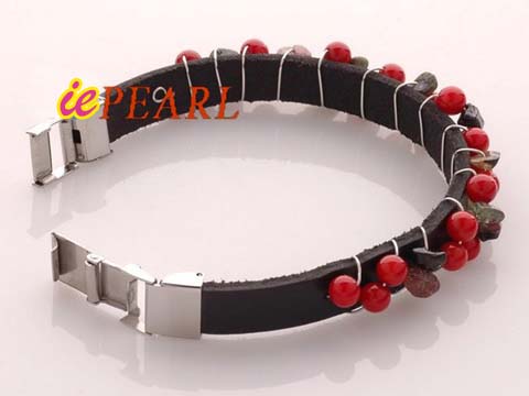 Wholesale 5mm red coral and tourmaline leather bracelet
