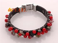 Wholesale 5mm red coral and tourmaline leather bracelet