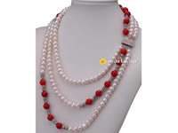 Wholesale three strands pearl necklace with 8mm red coral beads