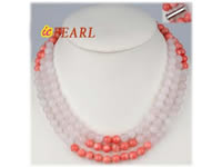 three rows coral necklace with 8mm rose quarts beads wholesale
