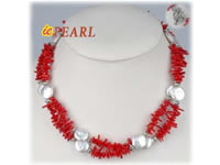 Wholesale two rows red branch coral necklace with coin pearl
