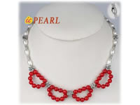 wholesale red coral & white FW pearl with bronze fittings neckla