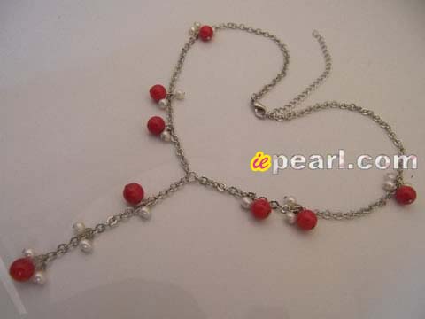 Wholesale red coral with white freshwater pearl necklace