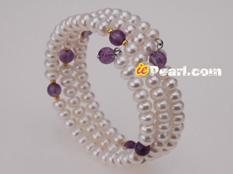 Wholesale 6-7mm white button pearl amethyst bangle bracelet
