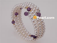 Wholesale 6-7mm white button pearl amethyst bangle bracelet
