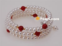 Wholesale 6-7mm button pearl bangle bracelet with red corals
