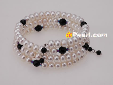Wholesale 6-7mm button pearl & black agate bangle bracelet
