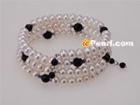 Wholesale 6-7mm button pearl & black agate bangle bracelet