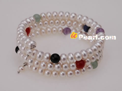 Wholesale 6-7mm button pearl colorful gemstone bangle bracelet