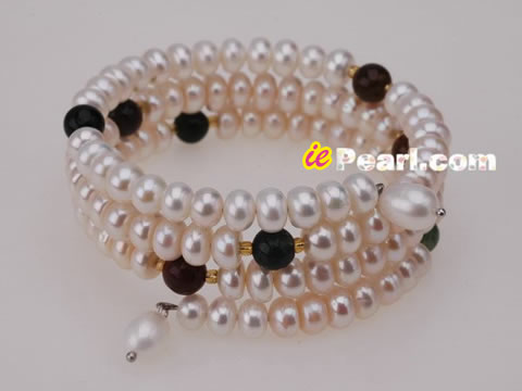 Wholesale 6-7mm button pearl & Indian agate bangle bracelet