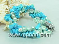 Wholesale three twisted 7-8mm pearl with blue turquoise bracelet