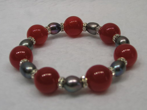 Wholesale 14mm red jades bracelet with 9*11mm rice pearls