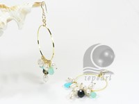 pearl & crystal earrings dangling gold plated three circles
