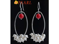 wholesale white potato pearls red coral dangling earrings