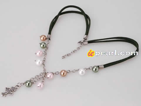 Olivine green leather cord 8mm shell pearl necklace wholesale