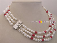 Red coral & Freshwater pearl necklace in wholesale price