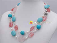 2 rows pearl necklace with turquoise and oval rose quartz online