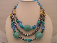 6-7mm double shiny black pearls and turquoise necklace