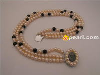 Wholesale rows pink freshwater pearl with black agate necklace