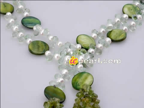 Wholesale 48" long green necklace lined with white pearls