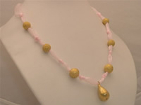 Vernal pink ribbon necklace with 18K GP rain drop golden beads