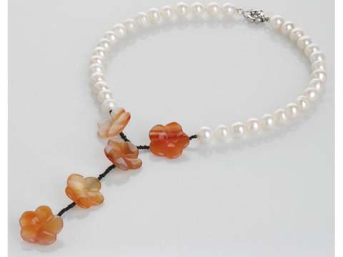 Final sale white freshwater rice pearl & red onyx necklace onlin