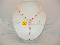5mm round red coral necklace with 6-7mm rice shape pearl
