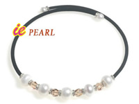 wholesale white pearl, crystal black leather cord necklace