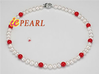 freshwater cultured pearl & coral beads necklace wholesale