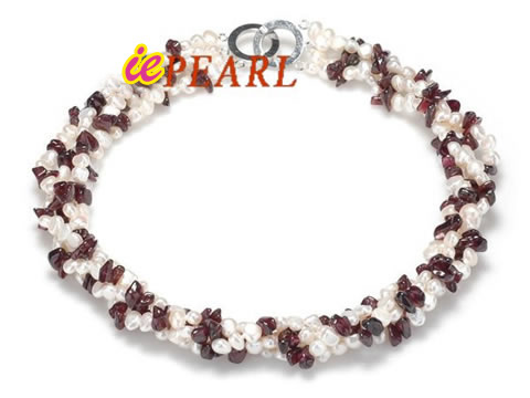 4 twisted strands 5-6mm white pearl necklace mixing garnet beads