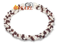 4 twisted strands 5-6mm white pearl necklace mixing garnet beads