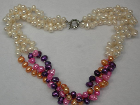 3 twisted strands mulit color top-drilled pearl necklace