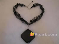 Wholesale triple strands illusion black pearl ribbon necklace