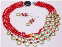 Wholesale three strands 6mm red round coral necklace, earrings