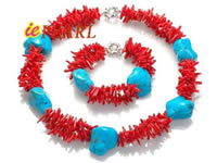Red coral necklace & bracelet set with blue turquoise wholesale