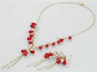 wholesale red coral white FW cultured pearl cluster necklace set