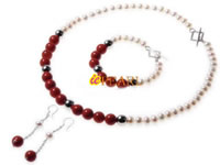 8-9mm white button pearl & red coral jewelry set wholesale