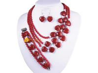Wholesale three rows 20mm heart & 6mm red coral necklace